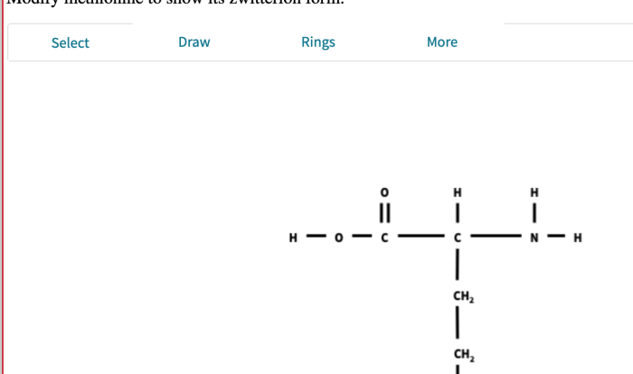 Show methionine modify its below solved form zwitterions adding transcribed problem text been has bonds removing amino acid atoms